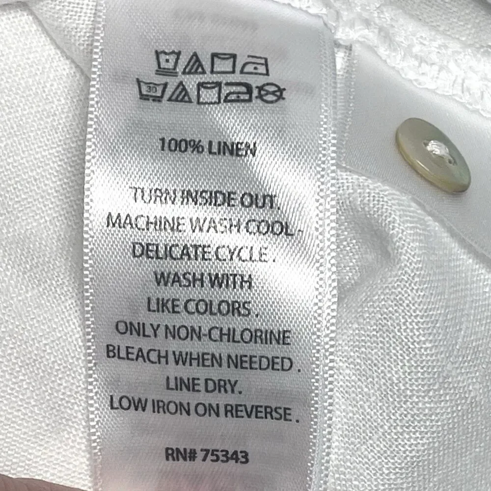 Nicole Miller White 100% Linen V-Neck Popover Top Shirt Roll Tab Short Sleeve